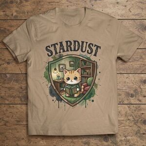 Gildan Tan Tee with Green & Brown Reading Kitten Graphic